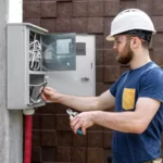 young electrician checking power connection