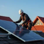 Technician installing solar panels on roof